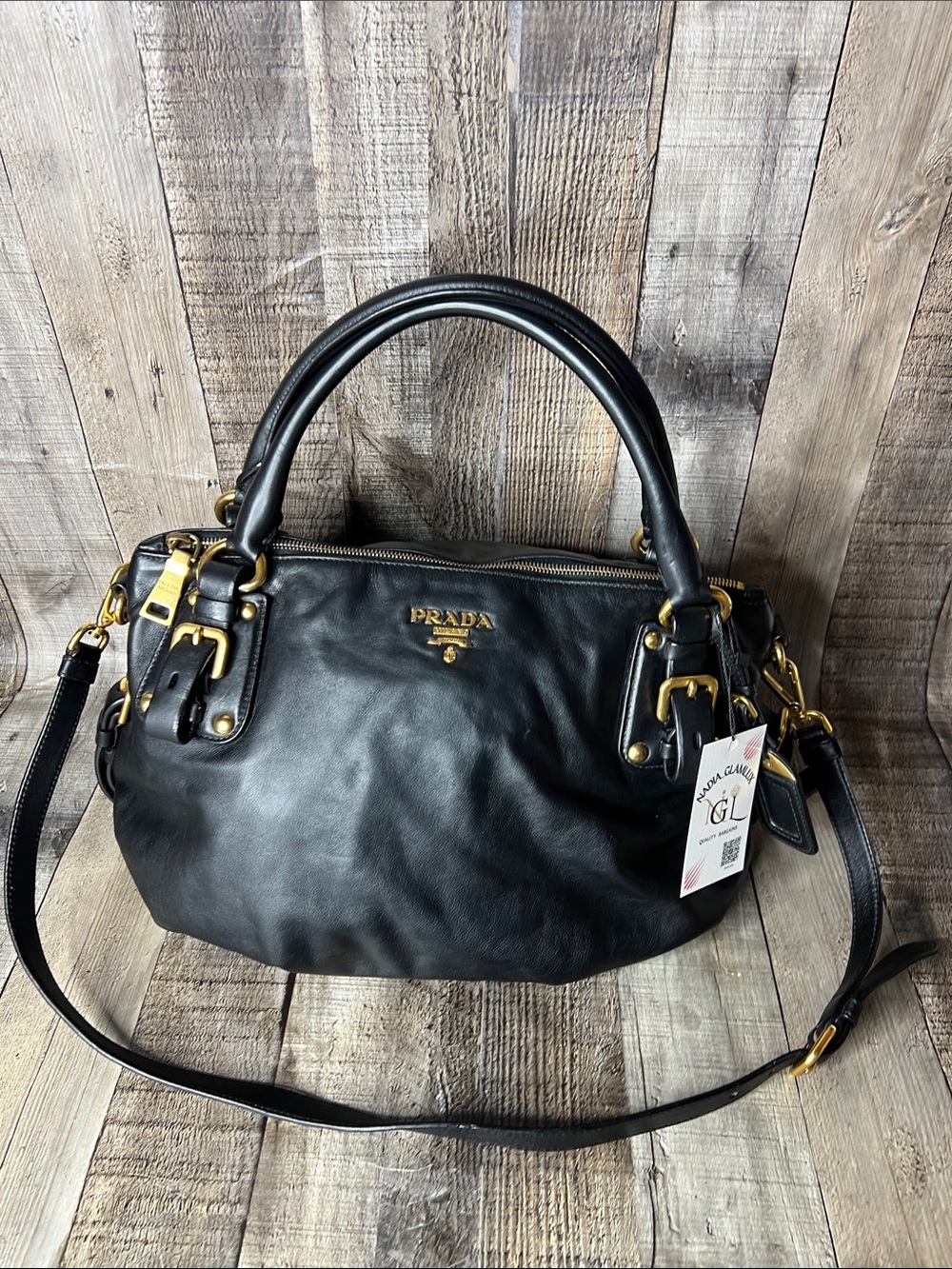 Prada Black Leather Shoulder Satchel with Gold Hardware Authentic